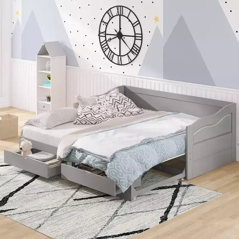 Twin Size Wooden Daybed with 2 Drawers, Extendable Bed, Easy Assembly, Gray