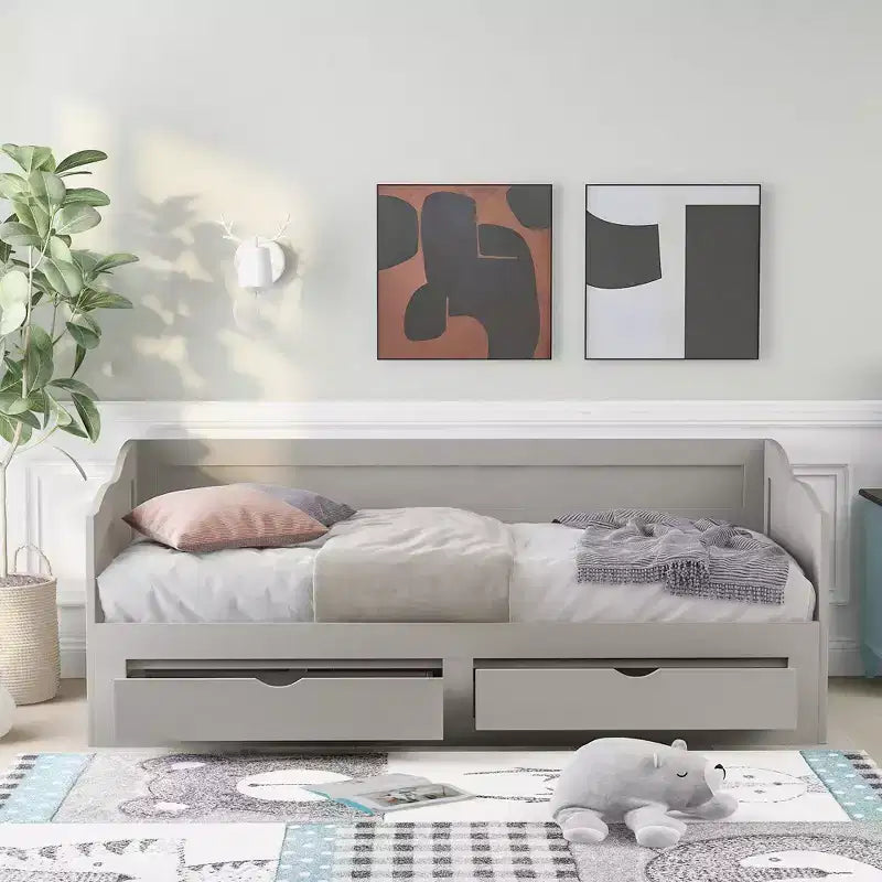 Twin Size Wooden Daybed with 2 Drawers, Extendable Bed, Easy Assembly, Gray
