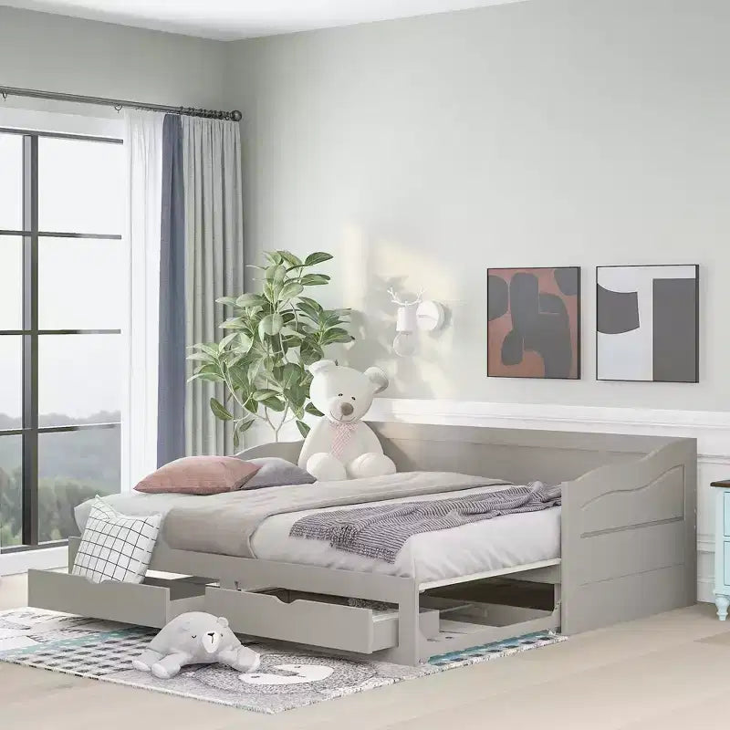 Twin Size Wooden Daybed with 2 Drawers, Extendable Bed, Easy Assembly, Gray