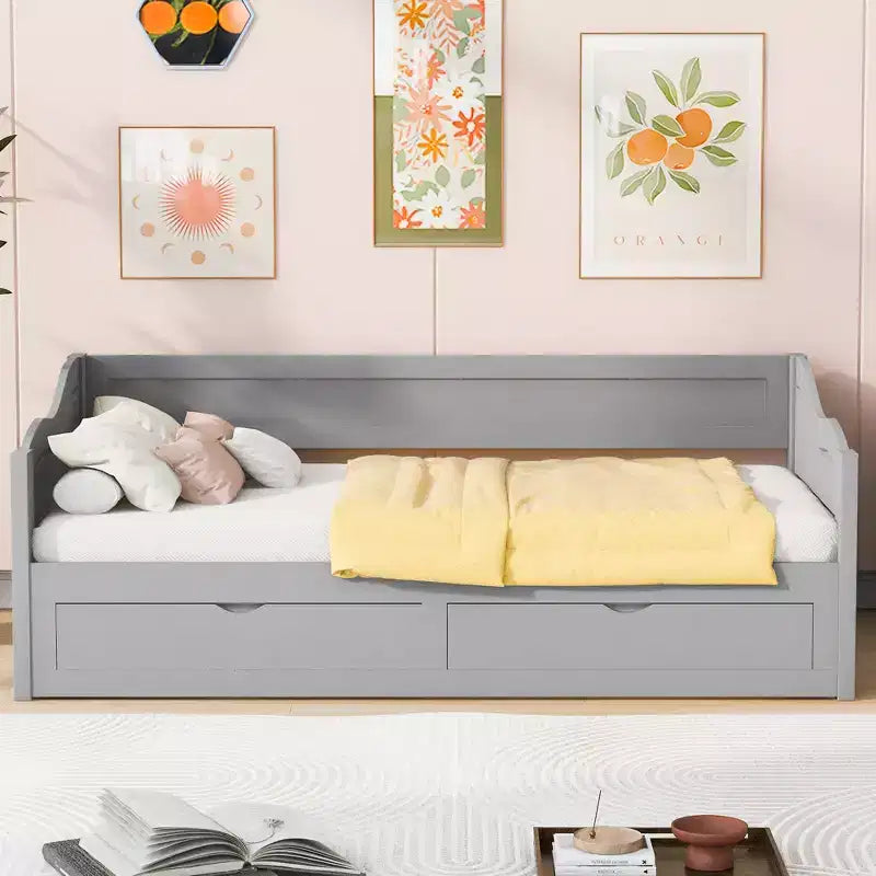 Twin Size Wooden Daybed with 2 Drawers, Extendable Bed, Easy Assembly, Gray