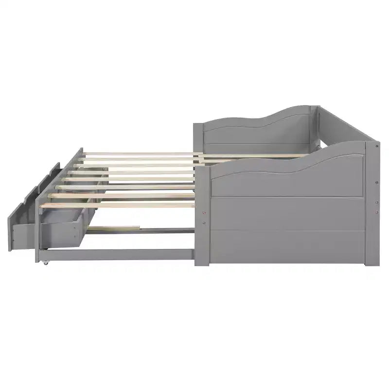 Twin Size Wooden Daybed with 2 Drawers, Extendable Bed, Easy Assembly, Gray