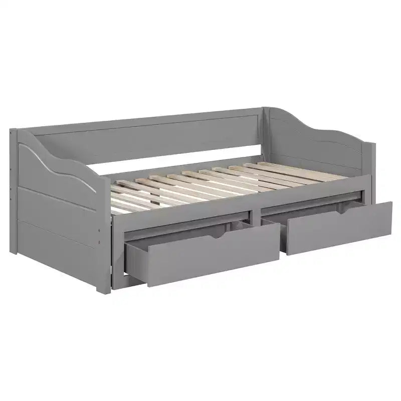 Twin Size Wooden Daybed with 2 Drawers, Extendable Bed, Easy Assembly, Gray