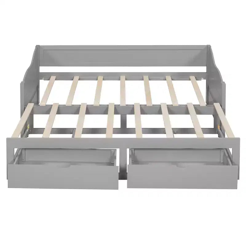 Twin Size Wooden Daybed with 2 Drawers, Extendable Bed, Easy Assembly, Gray