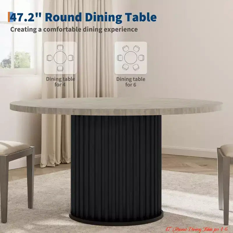 47" Round Dining Table for 4-6, Industrial Kitchen Table with Sturdy Waveform Metal Pedestal Base