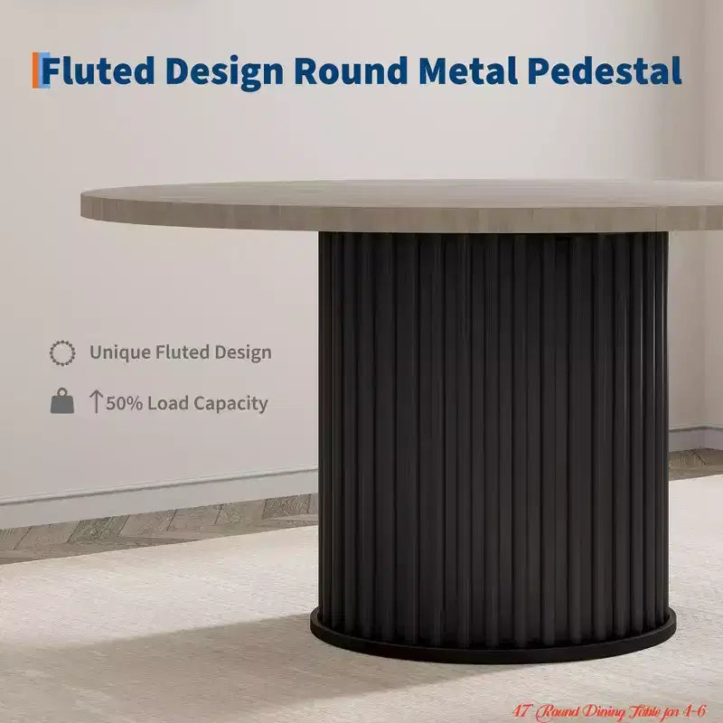 47" Round Dining Table for 4-6, Industrial Kitchen Table with Sturdy Waveform Metal Pedestal Base