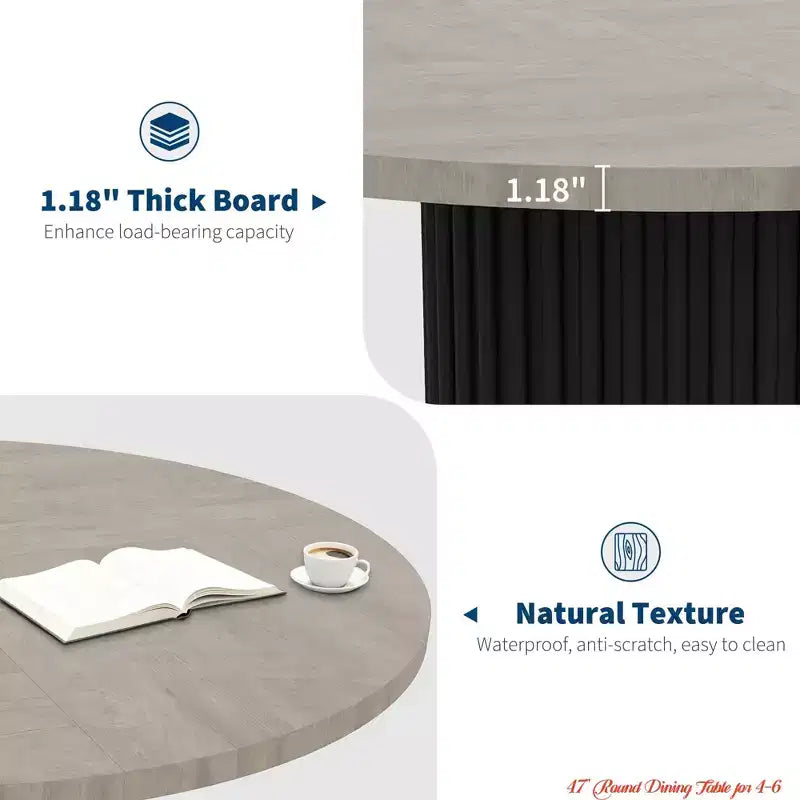 47" Round Dining Table for 4-6, Industrial Kitchen Table with Sturdy Waveform Metal Pedestal Base