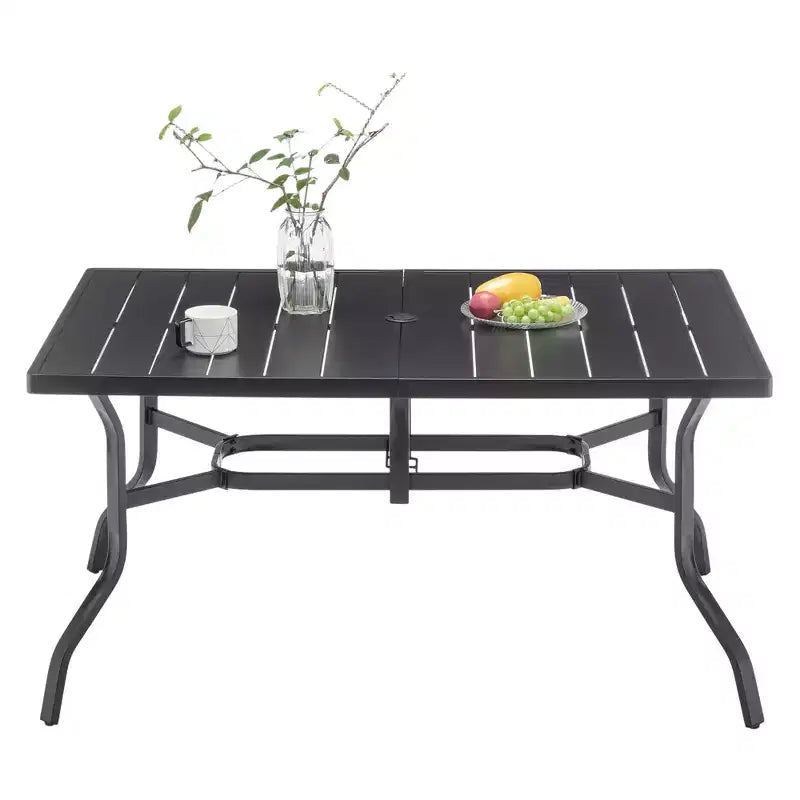 Outdoor Patio Dining Steel Table with Umbrella Hole & Grooved Tabletop for 6