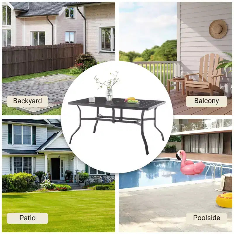 Outdoor Patio Dining Steel Table with Umbrella Hole & Grooved Tabletop for 6