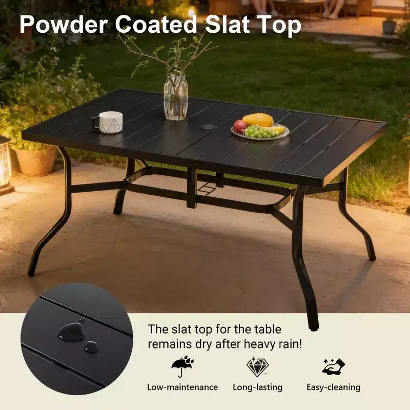 Outdoor Patio Dining Steel Table with Umbrella Hole & Grooved Tabletop for 6