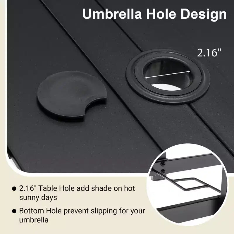 Outdoor Patio Dining Steel Table with Umbrella Hole & Grooved Tabletop for 6