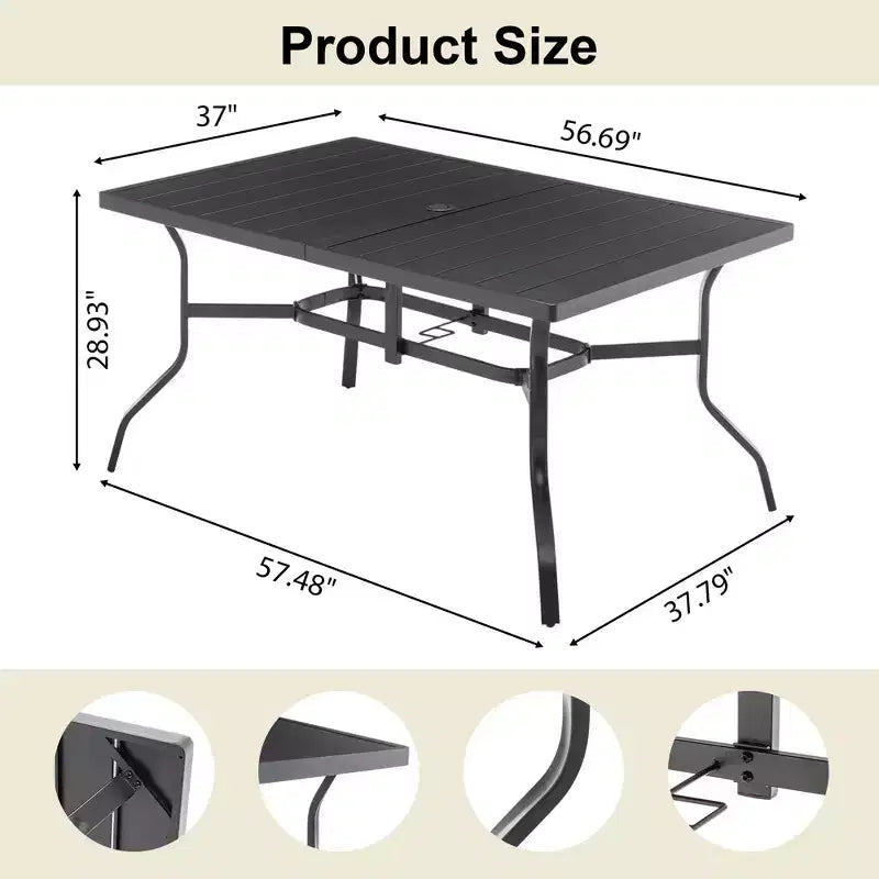 Outdoor Patio Dining Steel Table with Umbrella Hole & Grooved Tabletop for 6