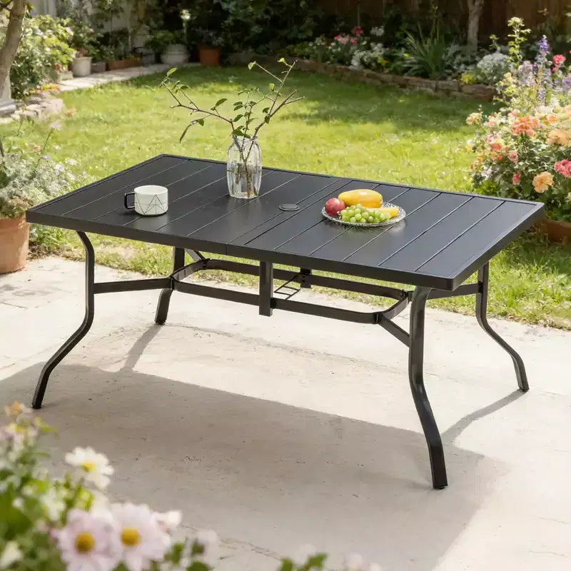 Outdoor Patio Dining Steel Table with Umbrella Hole & Grooved Tabletop for 6