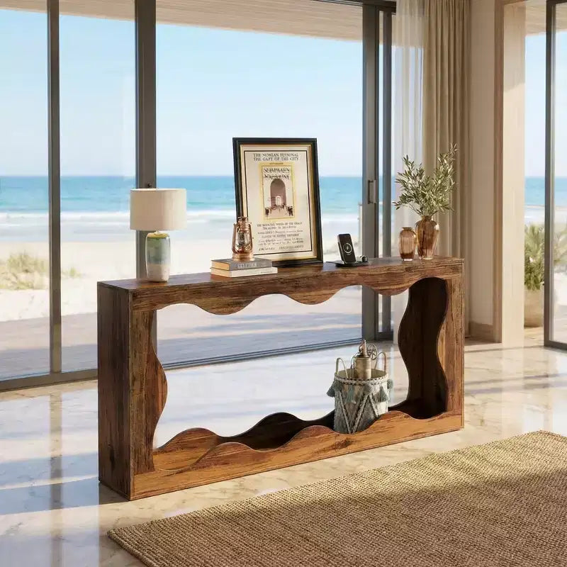 Modern Industrial Farmhouse End Table with Wavy Design, 2-Tier Side Table for Living Room Entryway