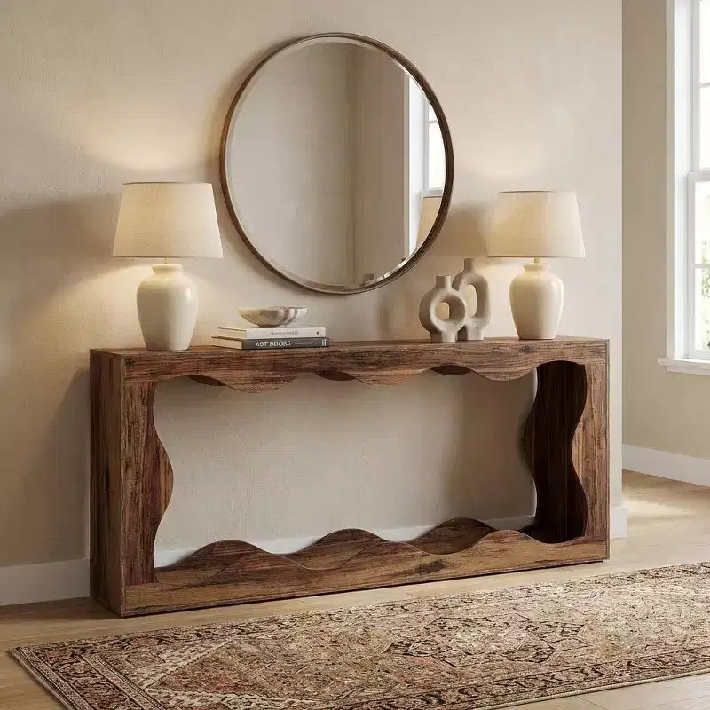 Modern Industrial Farmhouse End Table with Wavy Design, 2-Tier Side Table for Living Room Entryway