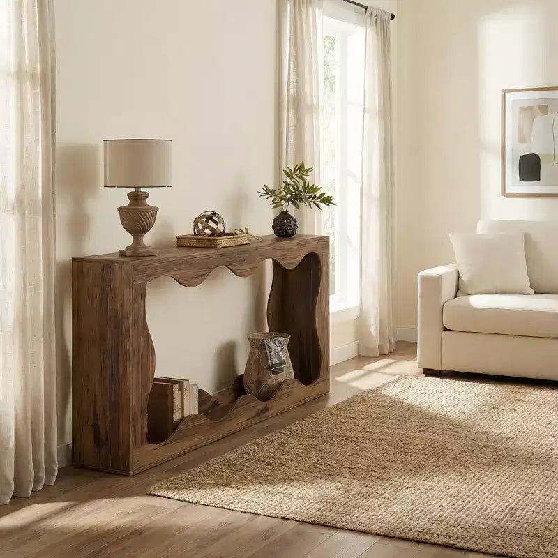 Modern Industrial Farmhouse End Table with Wavy Design, 2-Tier Side Table for Living Room Entryway