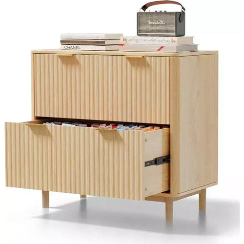 2 Drawer Fluted Wooden File Cabinet, Wide Drawer Design