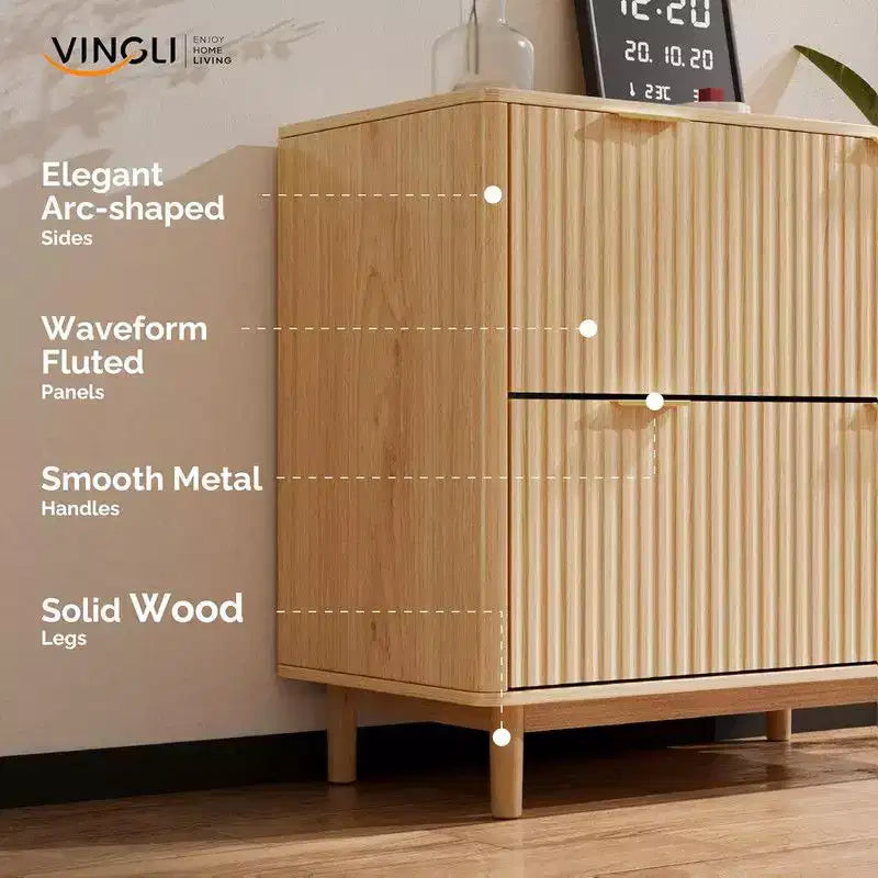 2 Drawer Fluted Wooden File Cabinet, Wide Drawer Design