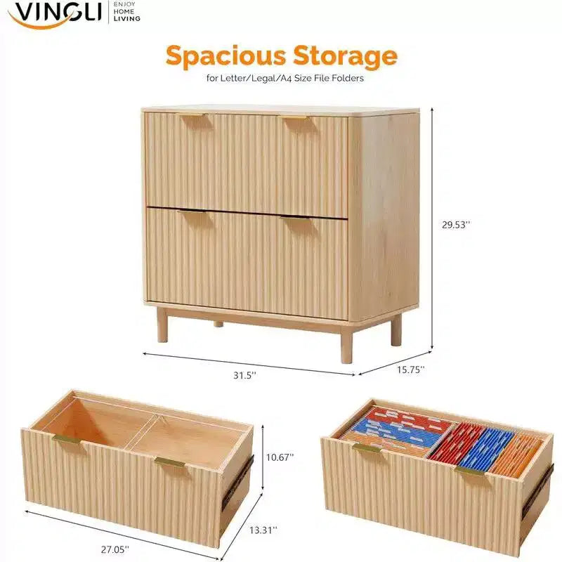 2 Drawer Fluted Wooden File Cabinet, Wide Drawer Design