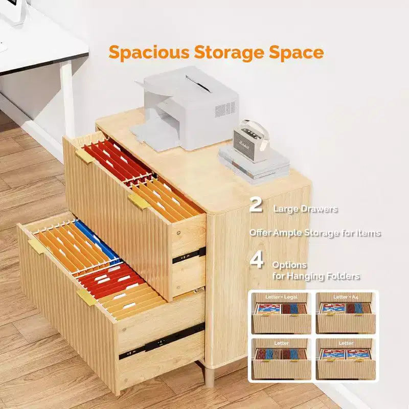 2 Drawer Fluted Wooden File Cabinet, Wide Drawer Design