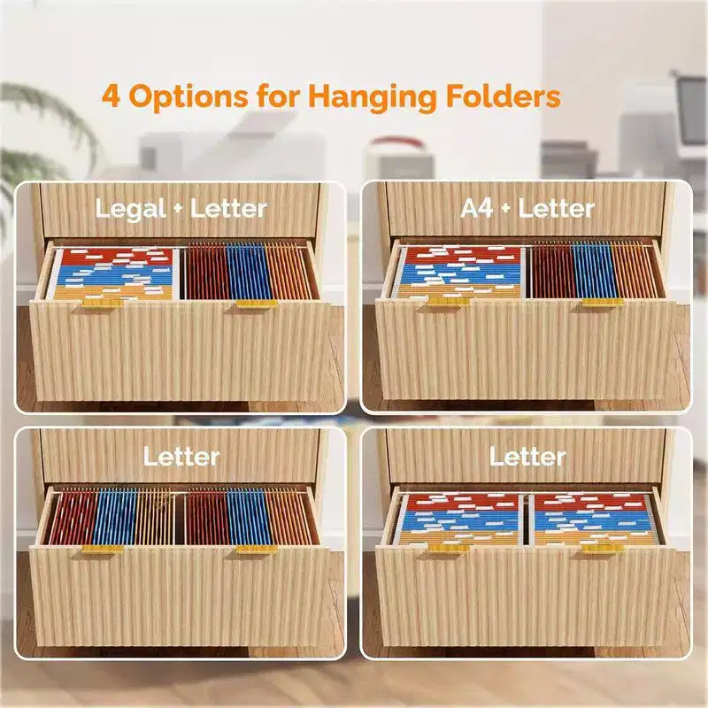 2 Drawer Fluted Wooden File Cabinet, Wide Drawer Design