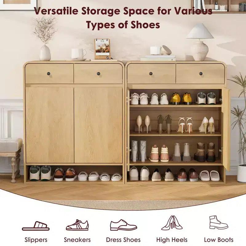 31.5 Inch Shoe Storage Cabinet with 2 Doors and 2 Drawers,Adjustable Shelves, Freestanding Wooden Organizer for Entryway,Hallway