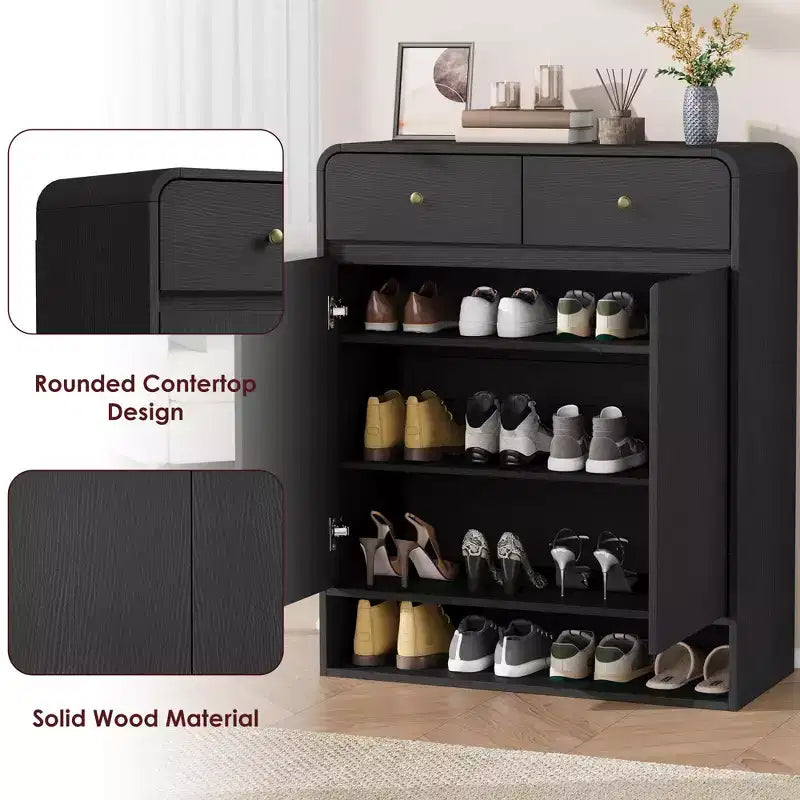 31.5 Inch Shoe Storage Cabinet with 2 Doors and 2 Drawers,Adjustable Shelves, Freestanding Wooden Organizer for Entryway,Hallway