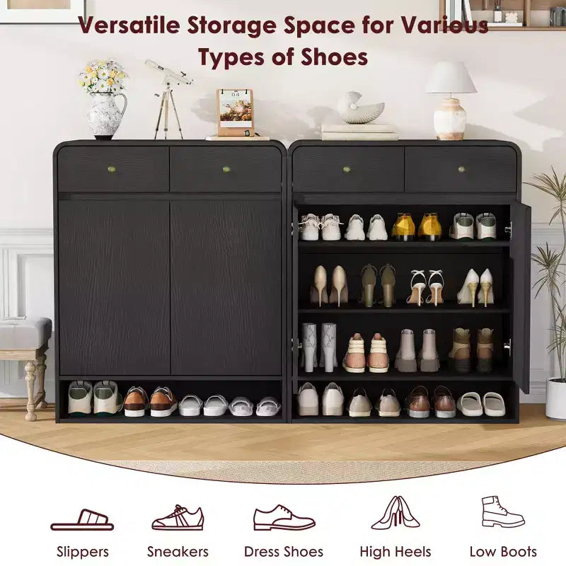 31.5 Inch Shoe Storage Cabinet with 2 Doors and 2 Drawers,Adjustable Shelves, Freestanding Wooden Organizer for Entryway,Hallway