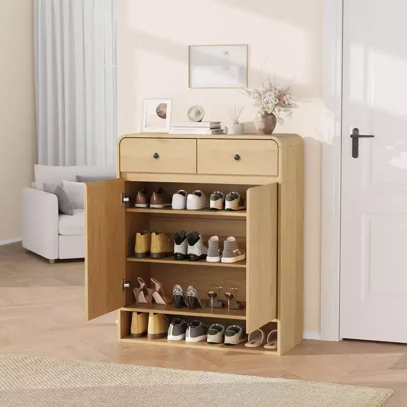 31.5 Inch Shoe Storage Cabinet with 2 Doors and 2 Drawers,Adjustable Shelves, Freestanding Wooden Organizer for Entryway,Hallway