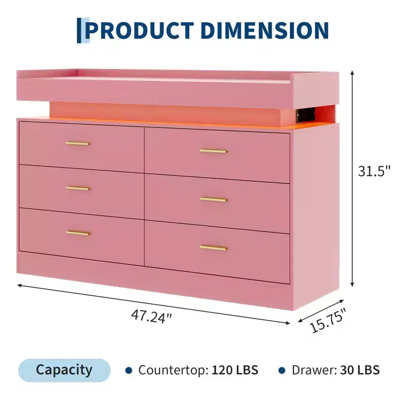 6 Drawer Dresser, Chest of Drawers for Closet with Floating LED Lights & Charging Station, Drawer Cabinet for Bedroom, Living Room, 47.24w pink