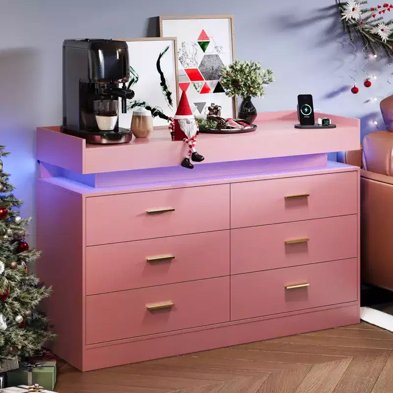 6 Drawer Dresser, Chest of Drawers for Closet with Floating LED Lights & Charging Station, Drawer Cabinet for Bedroom, Living Room, 47.24w pink