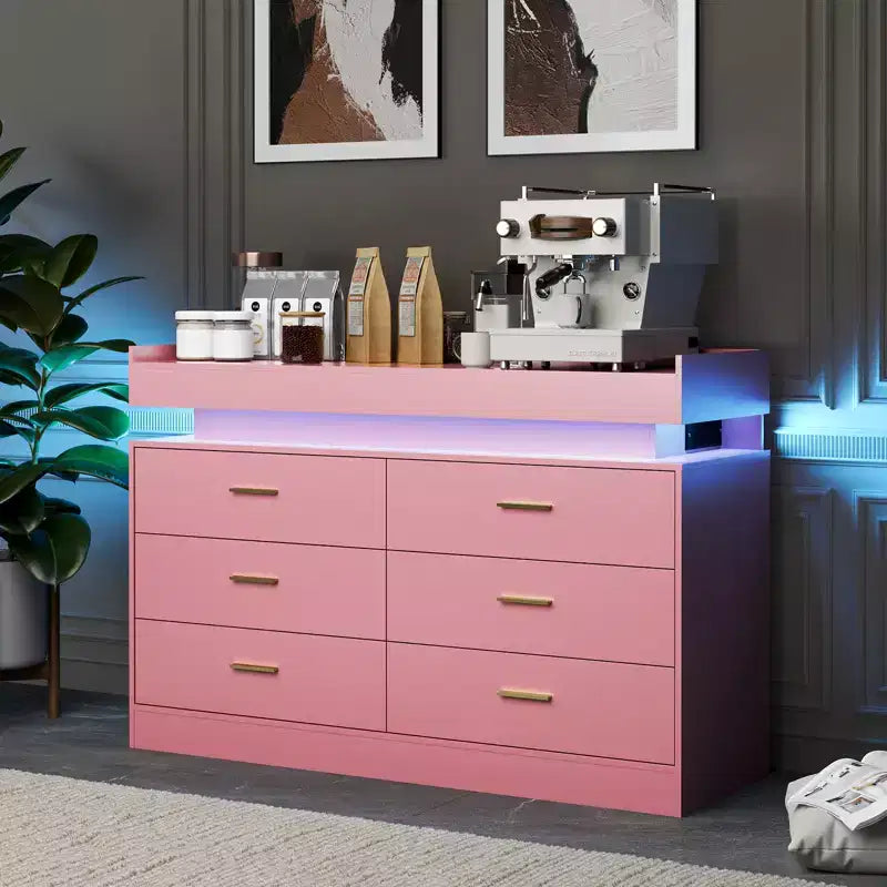 6 Drawer Dresser, Chest of Drawers for Closet with Floating LED Lights & Charging Station, Drawer Cabinet for Bedroom, Living Room, 47.24w pink