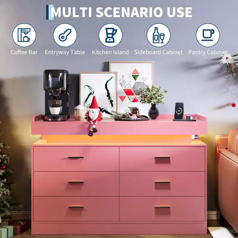 6 Drawer Dresser, Chest of Drawers for Closet with Floating LED Lights & Charging Station, Drawer Cabinet for Bedroom, Living Room, 47.24w pink