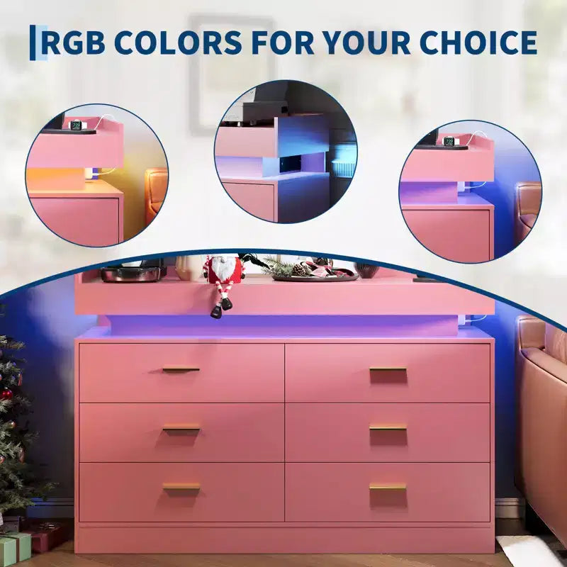 6 Drawer Dresser, Chest of Drawers for Closet with Floating LED Lights & Charging Station, Drawer Cabinet for Bedroom, Living Room, 47.24w pink