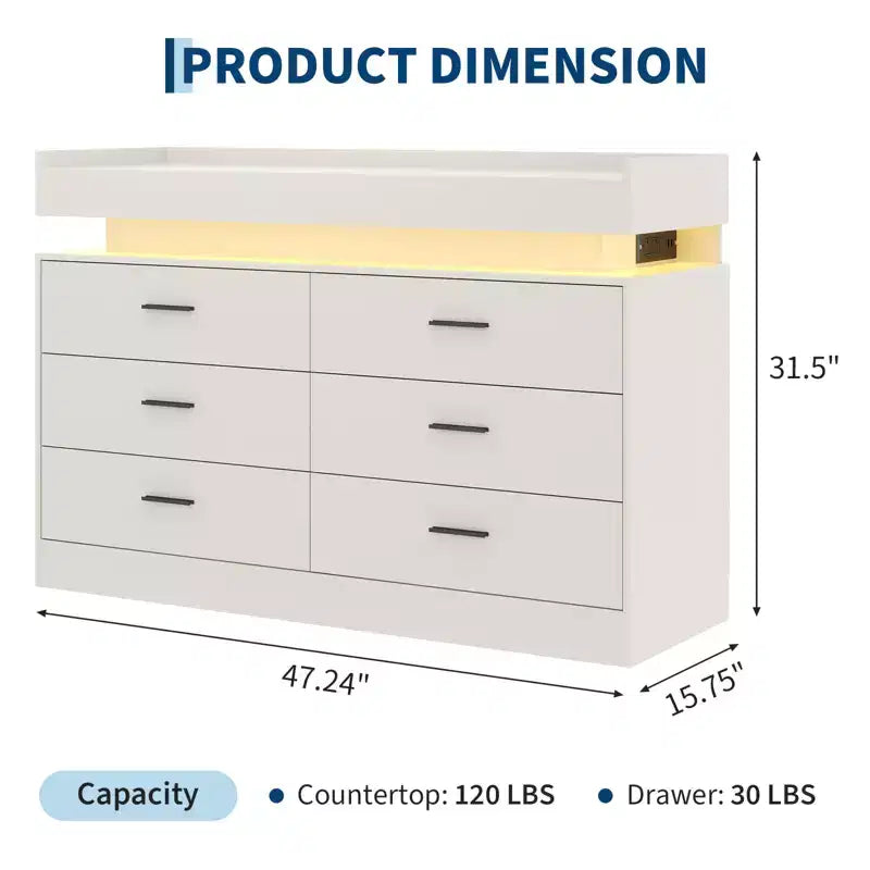 6 Drawer Dresser, Chest of Drawers for Closet with Floating LED Lights & Charging Station, Drawer Cabinet for Bedroom, Living Room, 47.24w pink