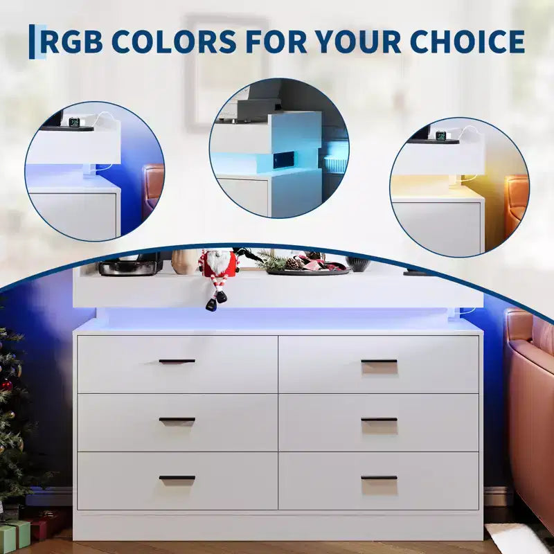 6 Drawer Dresser, Chest of Drawers for Closet with Floating LED Lights & Charging Station, Drawer Cabinet for Bedroom, Living Room, 47.24w pink