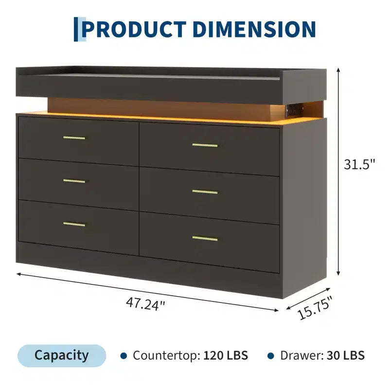 6 Drawer Dresser, Chest of Drawers for Closet with Floating LED Lights & Charging Station, Drawer Cabinet for Bedroom, Living Room, 47.24w pink