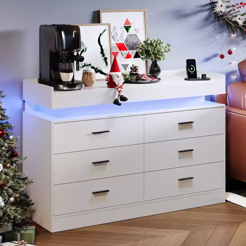 6 Drawer Dresser, Chest of Drawers for Closet with Floating LED Lights & Charging Station, Drawer Cabinet for Bedroom, Living Room, 47.24w pink