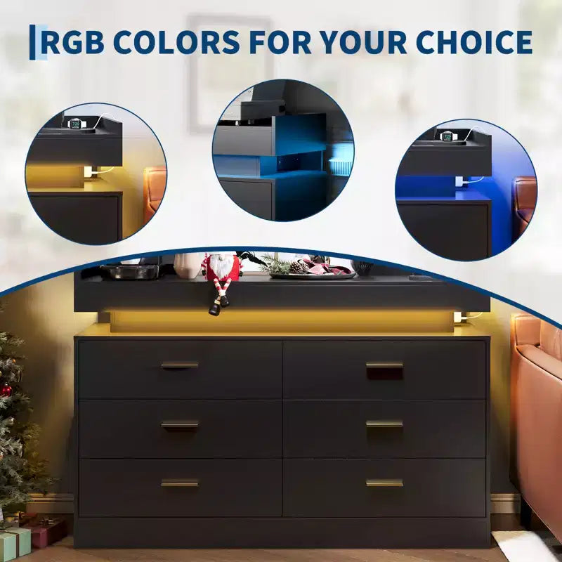 6 Drawer Dresser, Chest of Drawers for Closet with Floating LED Lights & Charging Station, Drawer Cabinet for Bedroom, Living Room, 47.24w pink