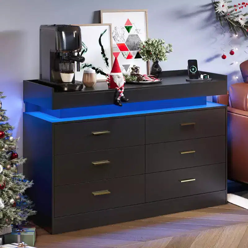 6 Drawer Dresser, Chest of Drawers for Closet with Floating LED Lights & Charging Station, Drawer Cabinet for Bedroom, Living Room, 47.24w pink