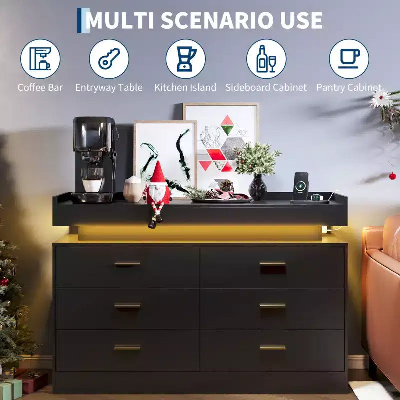 6 Drawer Dresser, Chest of Drawers for Closet with Floating LED Lights & Charging Station, Drawer Cabinet for Bedroom, Living Room, 47.24w pink