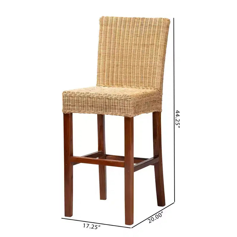 Natural Rattan & Mahogany Wood Barstool, Ergonomic, No Assembly Required