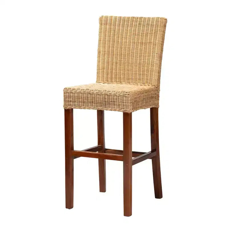 Natural Rattan & Mahogany Wood Barstool, Ergonomic, No Assembly Required