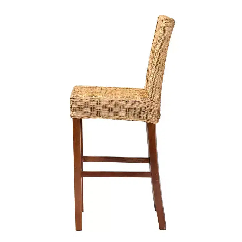 Natural Rattan & Mahogany Wood Barstool, Ergonomic, No Assembly Required