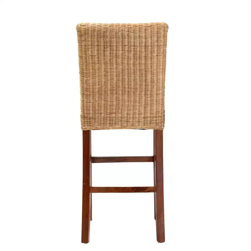 Natural Rattan & Mahogany Wood Barstool, Ergonomic, No Assembly Required