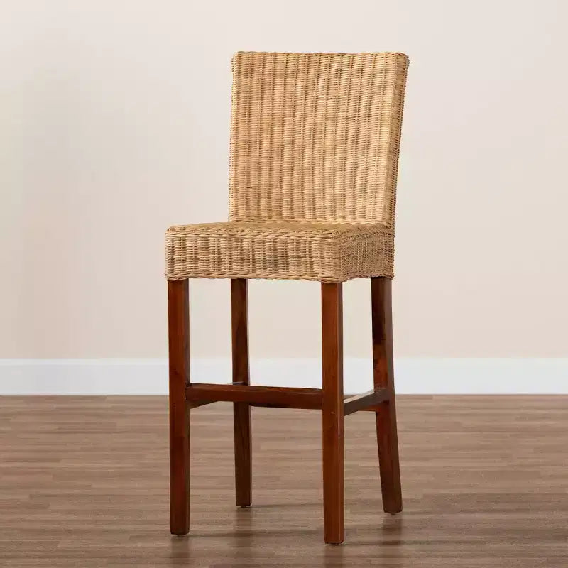 Natural Rattan & Mahogany Wood Barstool, Ergonomic, No Assembly Required