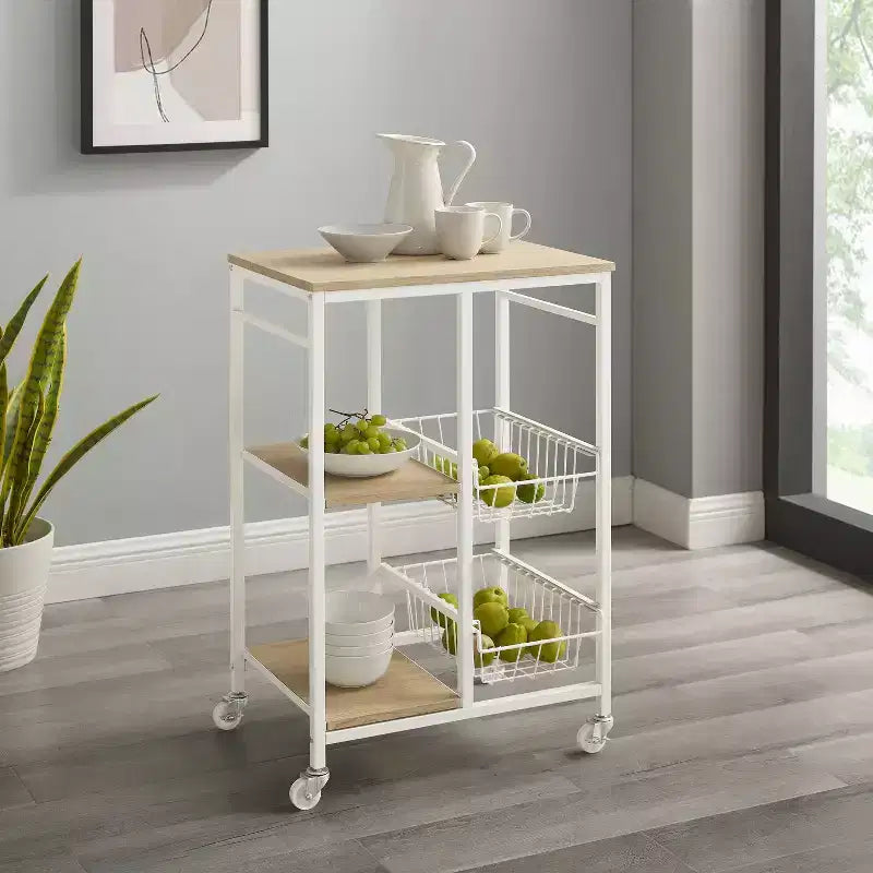 White Metal Mobile Small Kitchen Cart with MDF Top, 2 Baskets, Locking Casters
