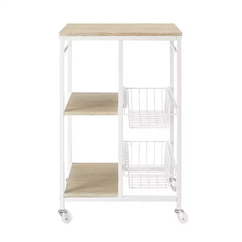 White Metal Mobile Small Kitchen Cart with MDF Top, 2 Baskets, Locking Casters