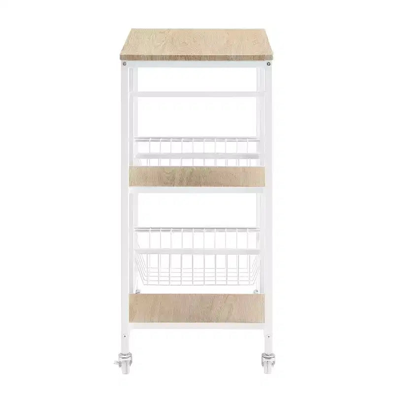 White Metal Mobile Small Kitchen Cart with MDF Top, 2 Baskets, Locking Casters