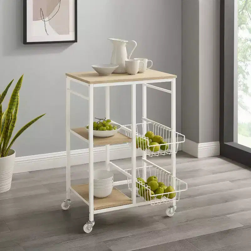 White Metal Mobile Small Kitchen Cart with MDF Top, 2 Baskets, Locking Casters