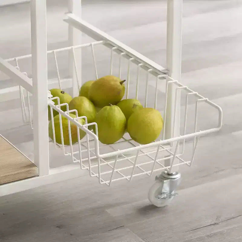 White Metal Mobile Small Kitchen Cart with MDF Top, 2 Baskets, Locking Casters